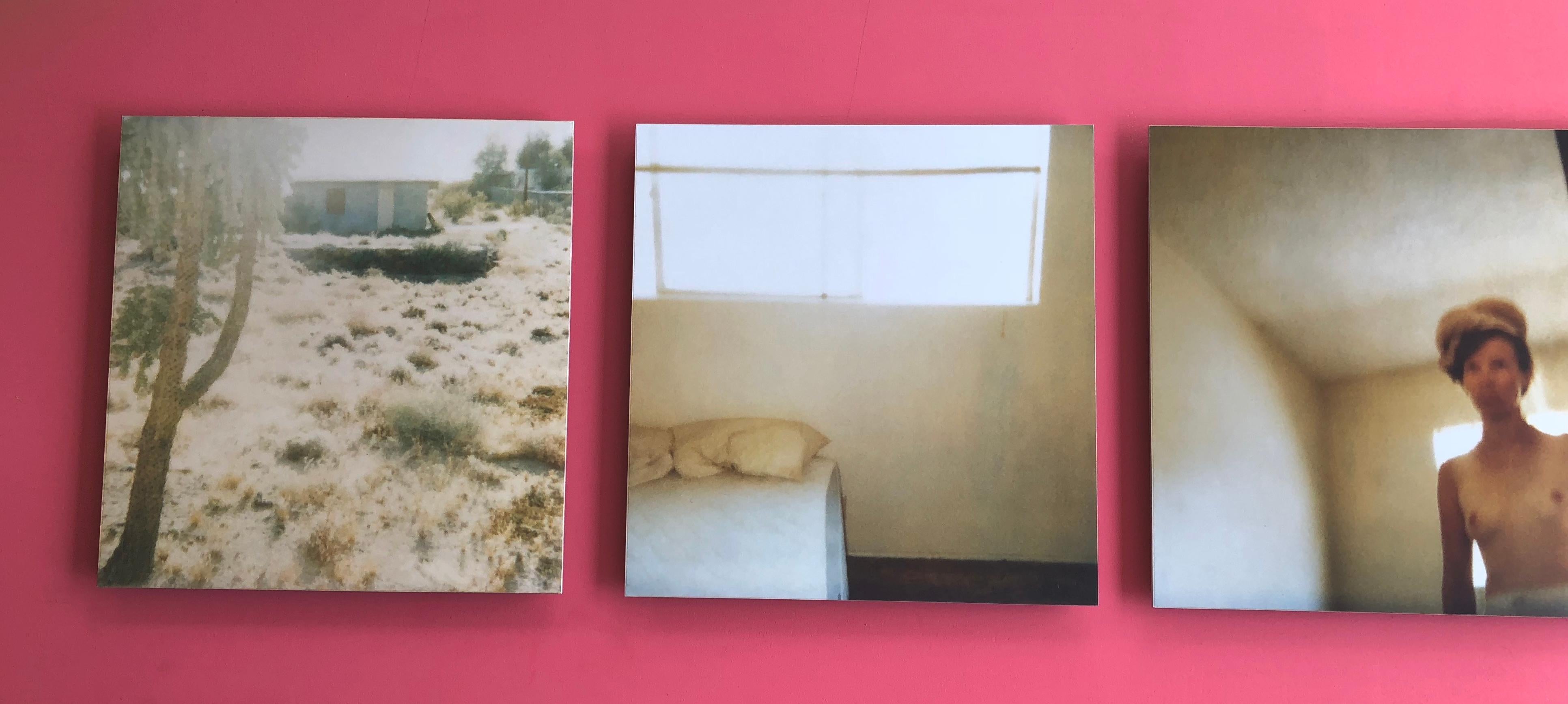 Blue House' (29 Palms, CA) - 1998, triptych  

Edition 4/25,
38x37cm each, together installed 38 x 125cm with gaps. 
Analog C-Prints, hand-printed by the artist, based on the 3 original Polaroids, 
mounted on Aluminum with matte UV-Protection.
