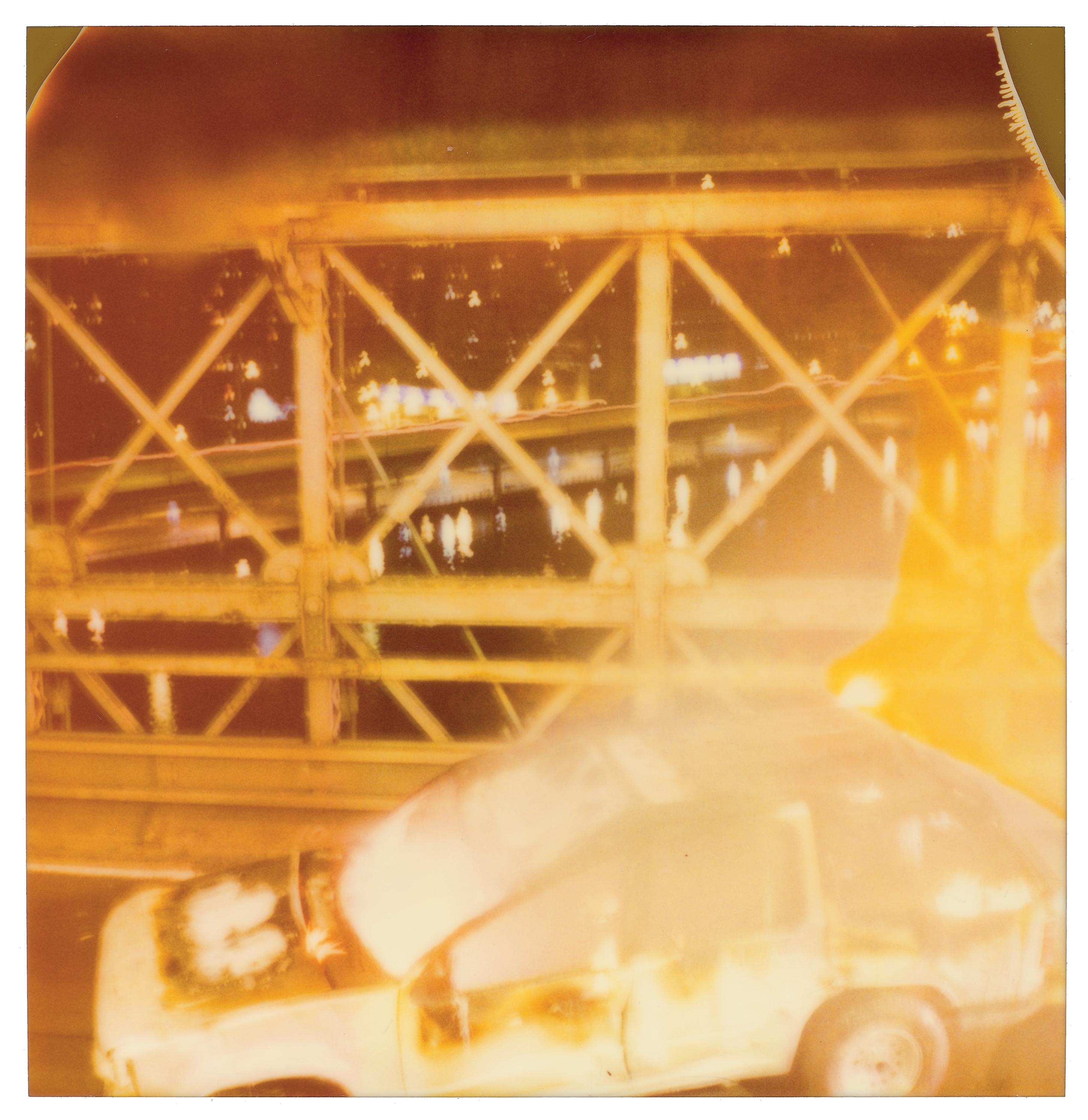 Stefanie Schneider Landscape Photograph - Burning Car (Stay) - analog, mounted, 128x125cm, Brooklyn Bridge, Polaroid