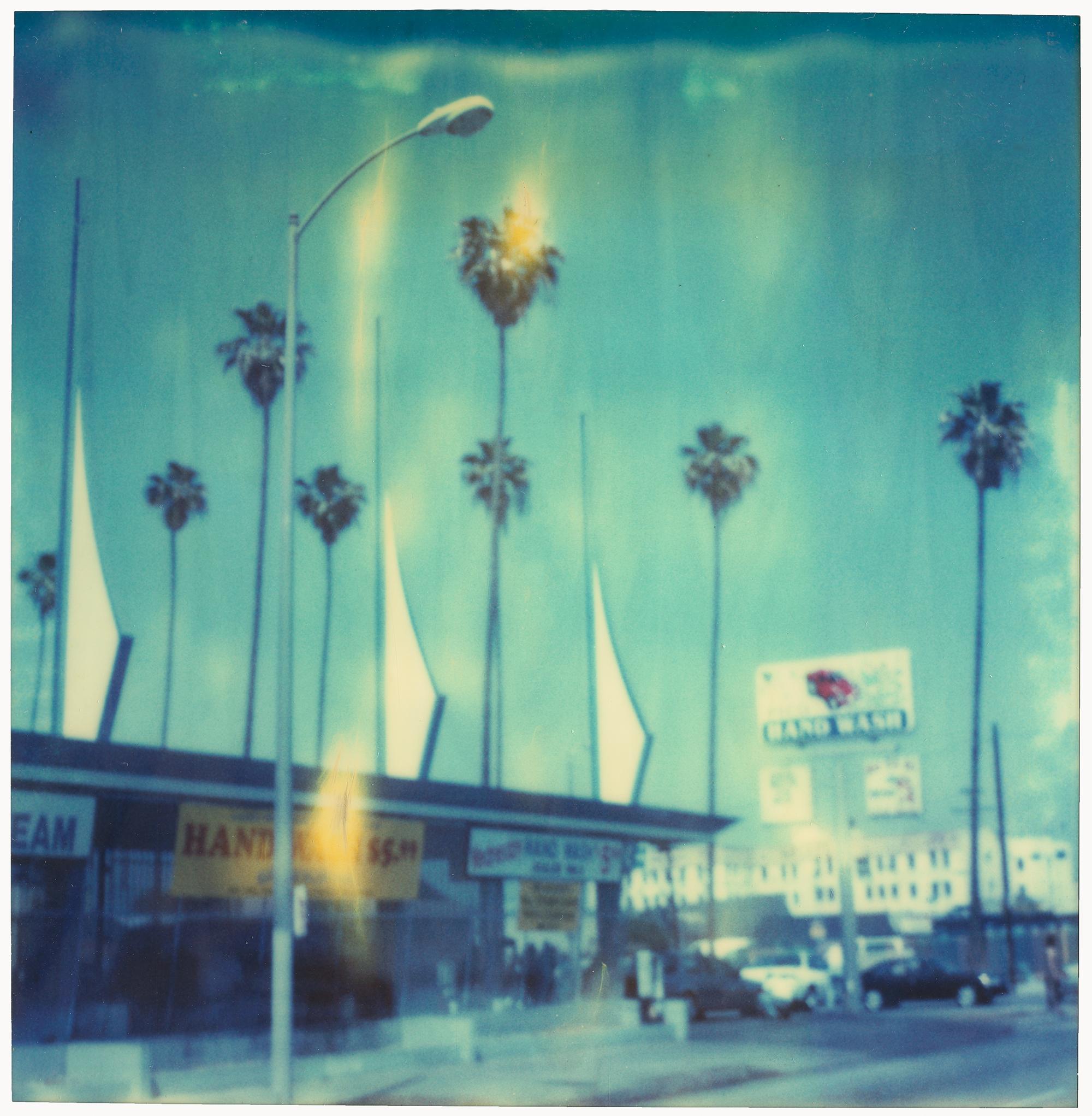 Car Wash - Contemporary, Landscape, Cityscape, expired, Polaroid, analog, Blue - Photograph by Stefanie Schneider