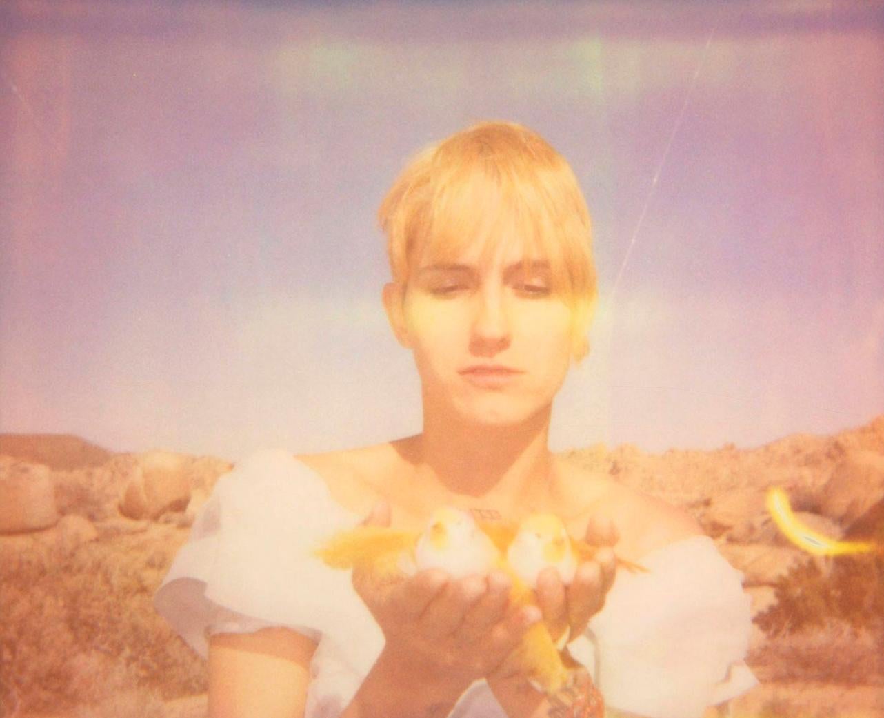 Stefanie Schneider Color Photograph – Fly me to the Moon (Das Mädchen hinter dem weißen Picket-Fence) – Polaroid