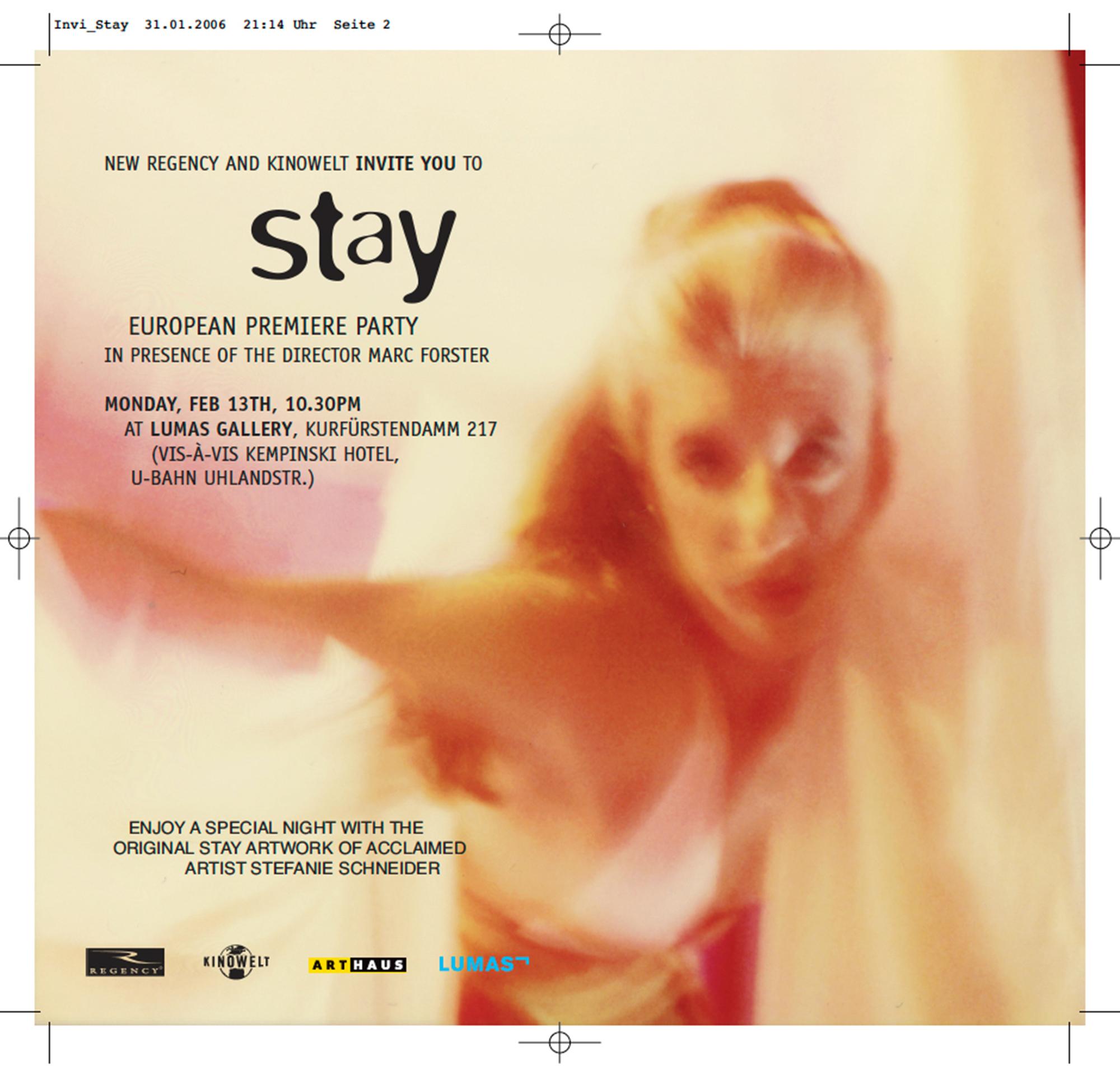 Stefanie Schneider's work was used for Marc Forster's movie 'Stay'. Featuring Ewan McGregor, Naomi Watts and Ryan Gosling. Naomi and Ryan were both portraying artists and Stefanie's art was the art both created during the movie. Stefanie's images