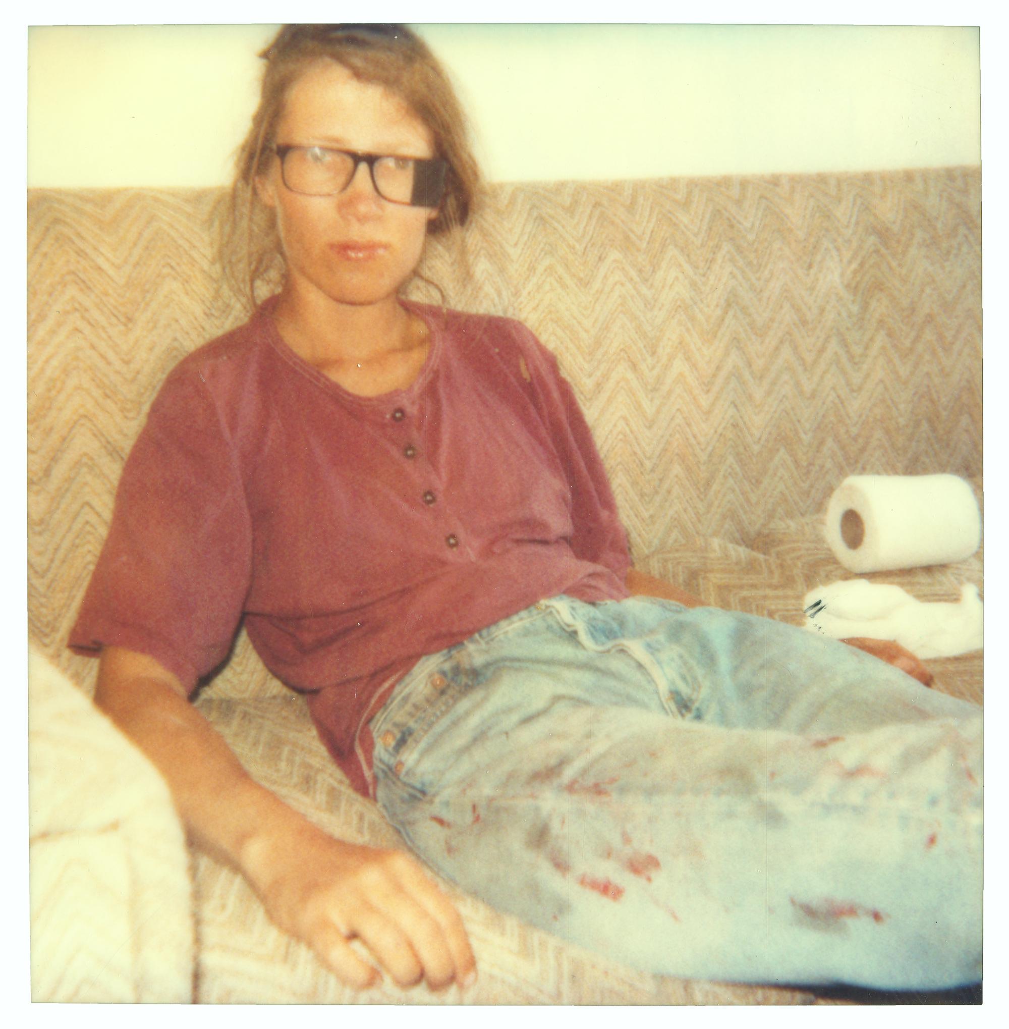 Stefanie Schneider Color Photograph - Stefanie on Sofa beaten (29 Palms, CA) - Analog, Polaroid, Contemporary
