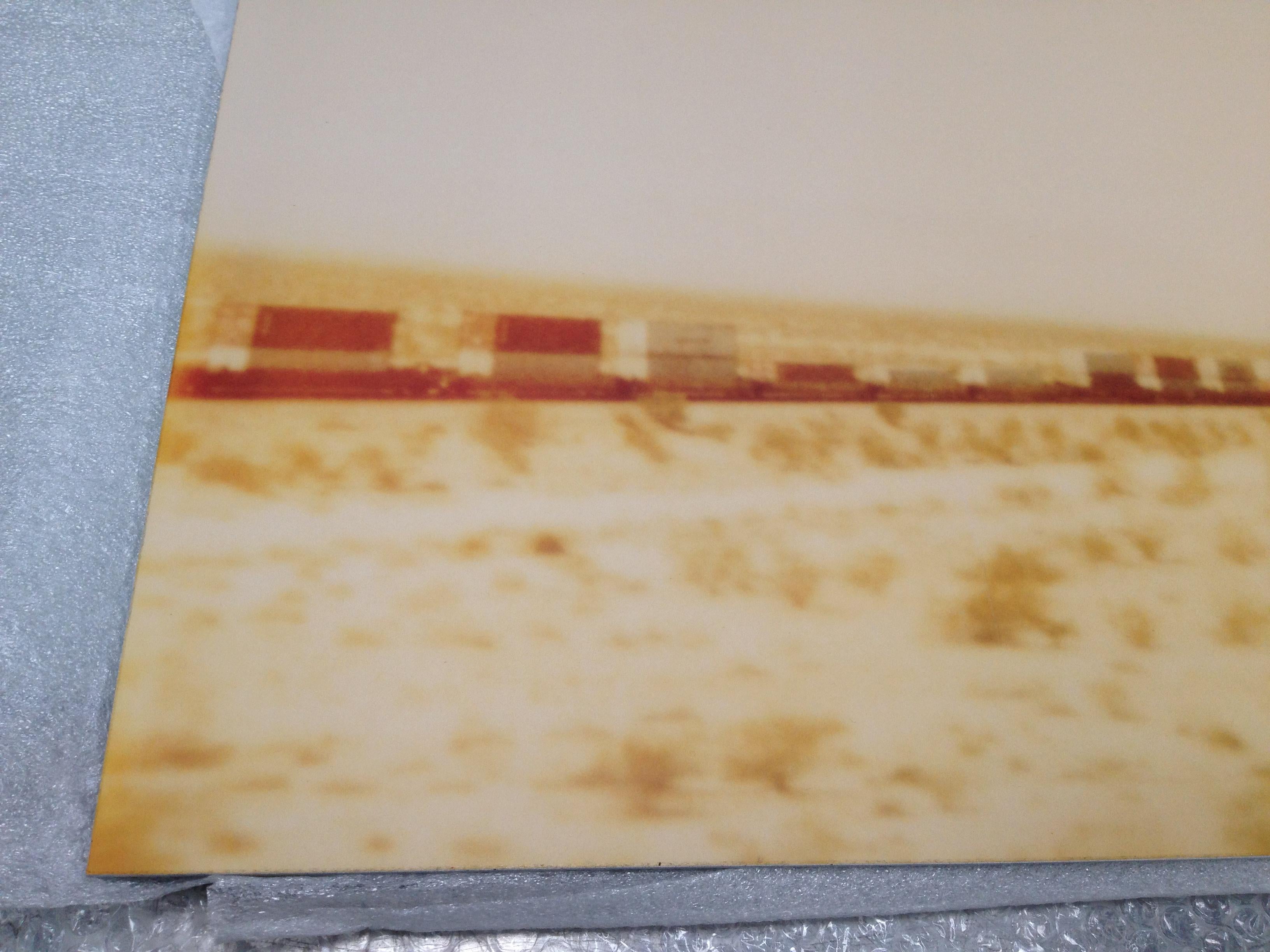 Train crosses Plain (Wastelands) 
Edition 2/5, 55x72cm, 1999,
analog C-Print, hand-printed by the artist on Fuji Crystal Archive Paper,
based on an expired Polaroid, 
Artist inventory Number 544.
Mounted on Aluminum with matte UV-Protection.
Signed