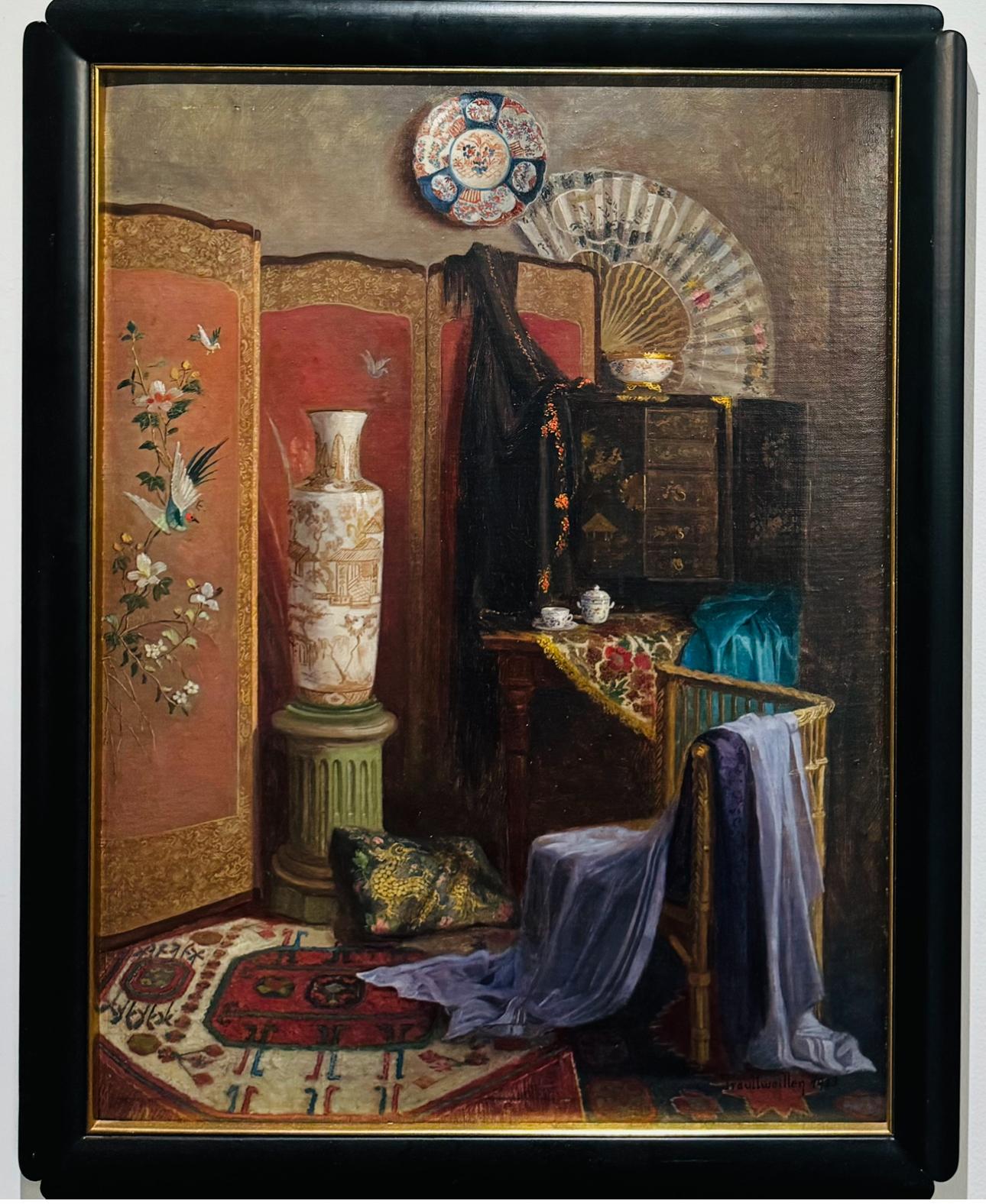 Art Deco CHINOISERIE Interior Painting Of Japonais Vases and Fabrics For Sale 10