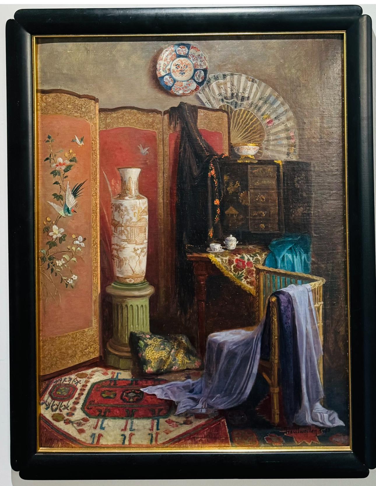 Art Deco CHINOISERIE Interior Painting Of Japonais Vases and Fabrics - Brown Still-Life Painting by Stefanie von Trauttweiller 