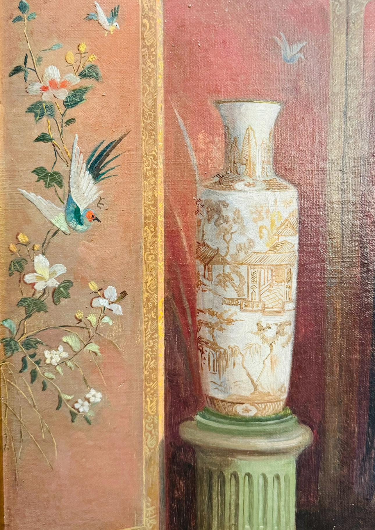 Art Deco CHINOISERIE Interior Painting Of Japonais Vases and Fabrics For Sale 1