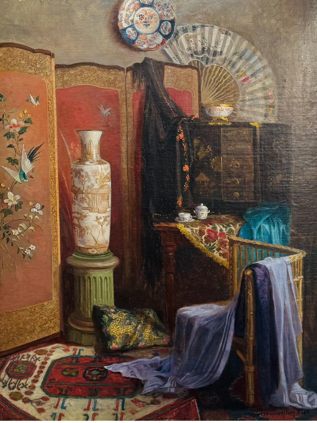 Art Deco CHINOISERIE Interior Painting Of Japonais Vases and Fabrics For Sale 2