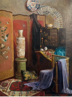 Art Deco CHINOISERIE Pittura d'interni di vasi e tessuti giapponesi