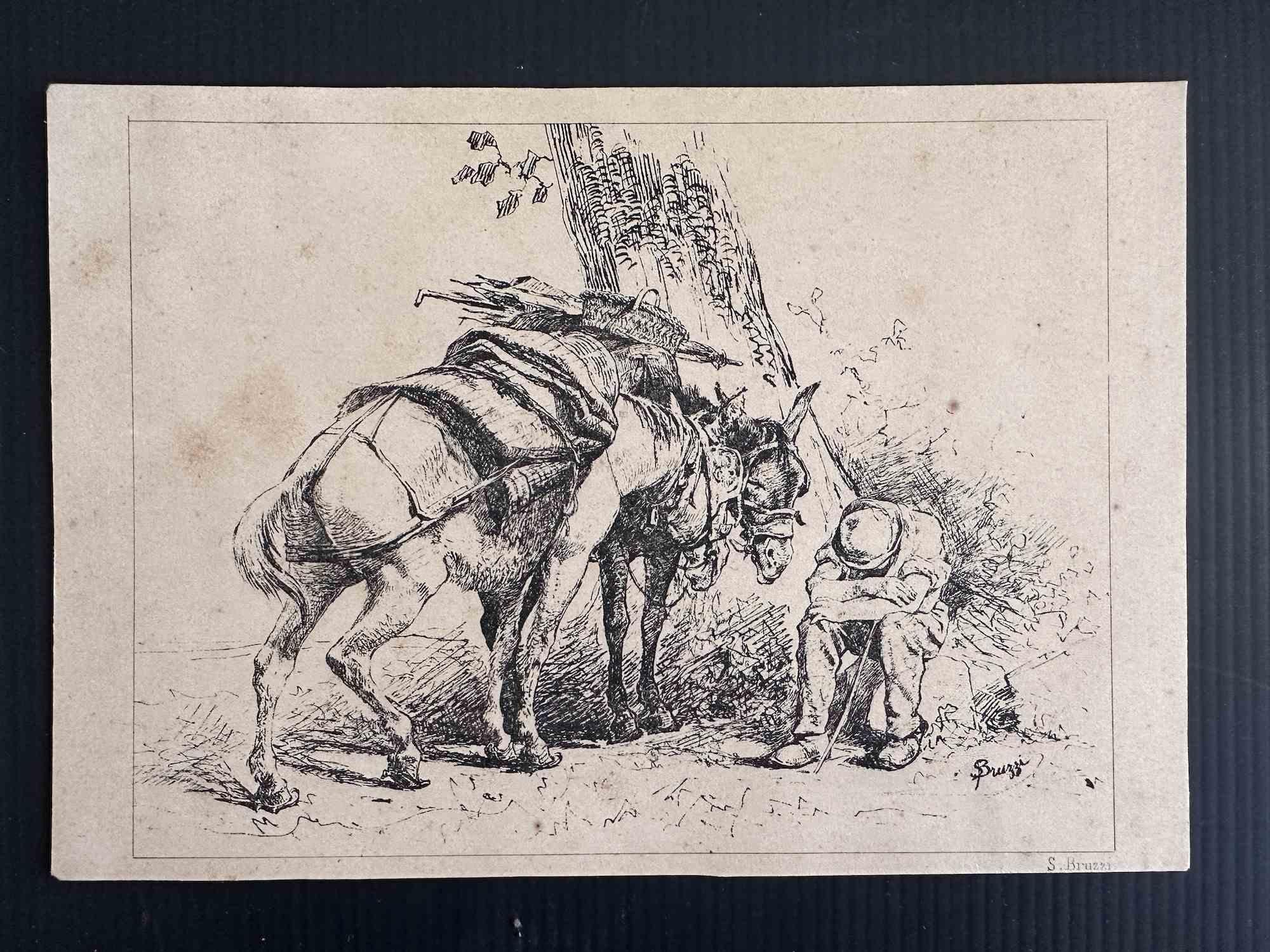 Der ruhende Mann ist eine Lithographie von Stefano Bruzzi (1835-1911) aus der Mitte des 19.

Signiert auf der Platte

Gute Bedingungen.