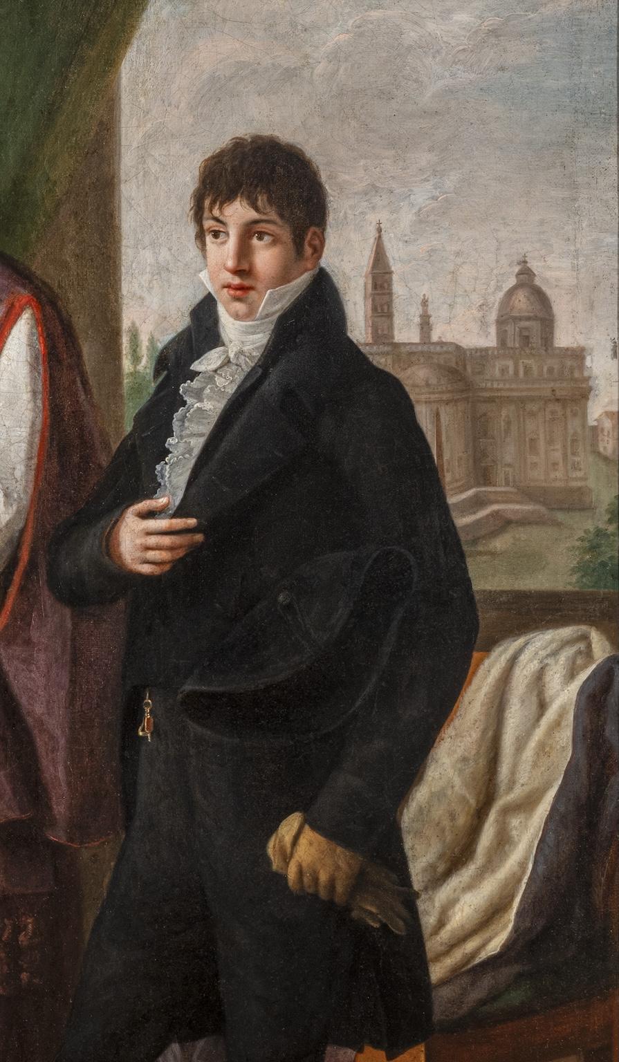 Oil painting on canvas ( 97 x 72 cm; 116 x 89 cm with gilt wood frame). 
Title: Portrait of Monsignor Gherardo Federici against the background of the church of Santa Maria Maggiore in Rome
Signed and dated 
