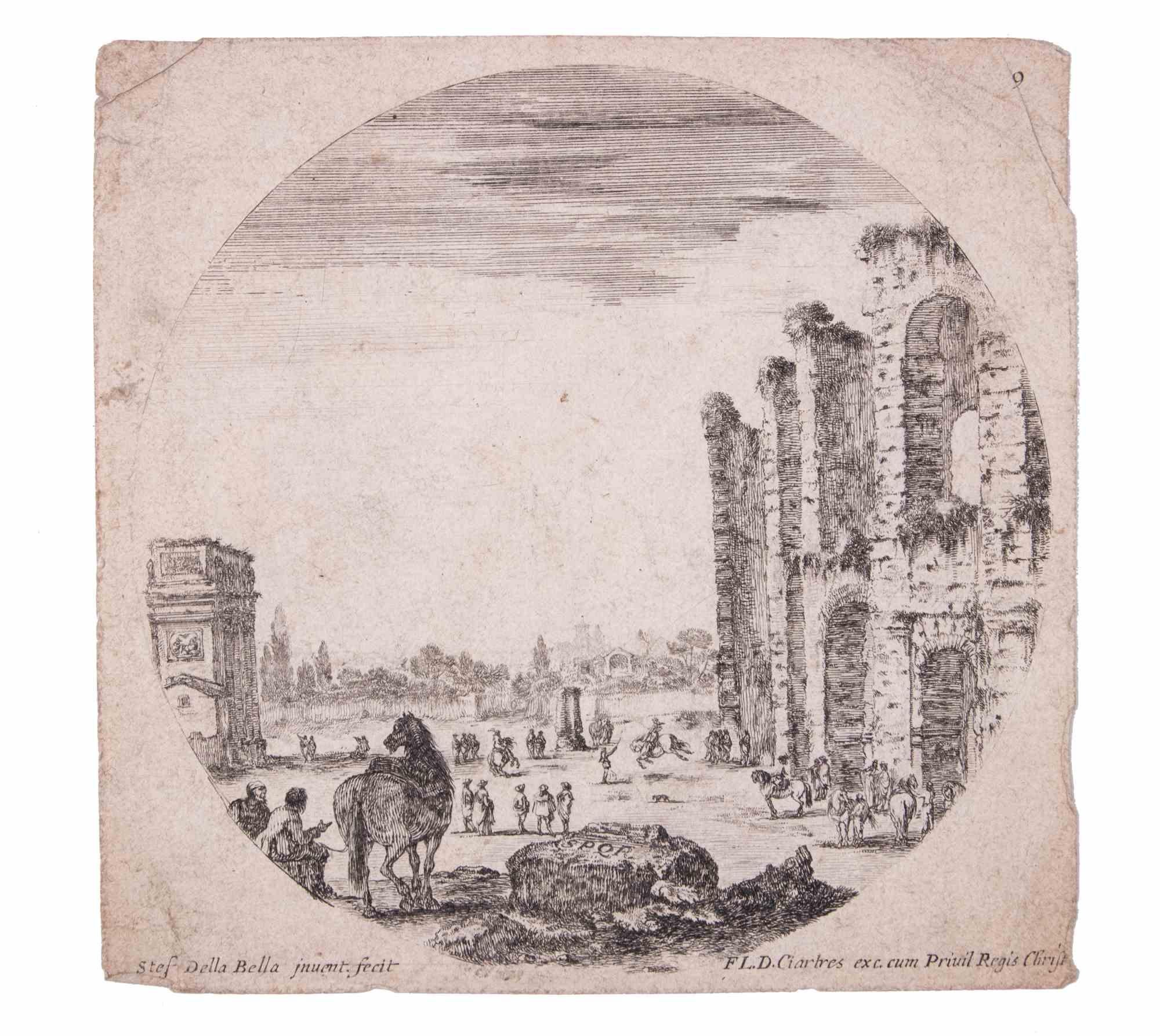 Paysages et ruines de Rome ist ein Original-Kunstwerk von Stefano Della Bella aus dem Jahr 1646. Radierung in Papier, signiert auf der Platte am linken Rand, es. II/VI.

Das Kunstwerk ist auf Passepartout befestigt: 37,5 x 55 cm.

Gute