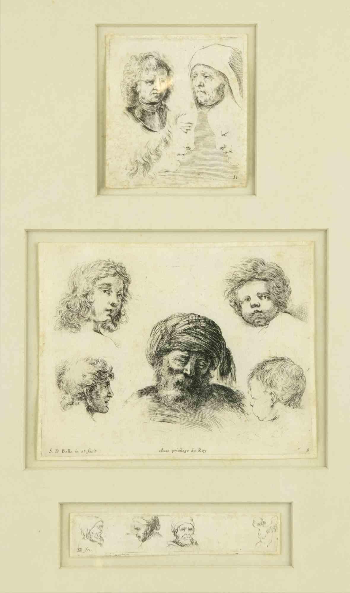 L'étude des visages est une œuvre d'art originale réalisée par Stefano Della bella au 17ème siècle.

Gravure en noir et blanc. La gravure est divisée en 2 panneaux, les mesures de ceux-ci à partir du haut sont : 8 x 8 cm et 2 x 12 cm

Inclut le