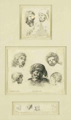 Estudio de rostros - Aguafuerte de Stefano Della Bella - Siglo XVII