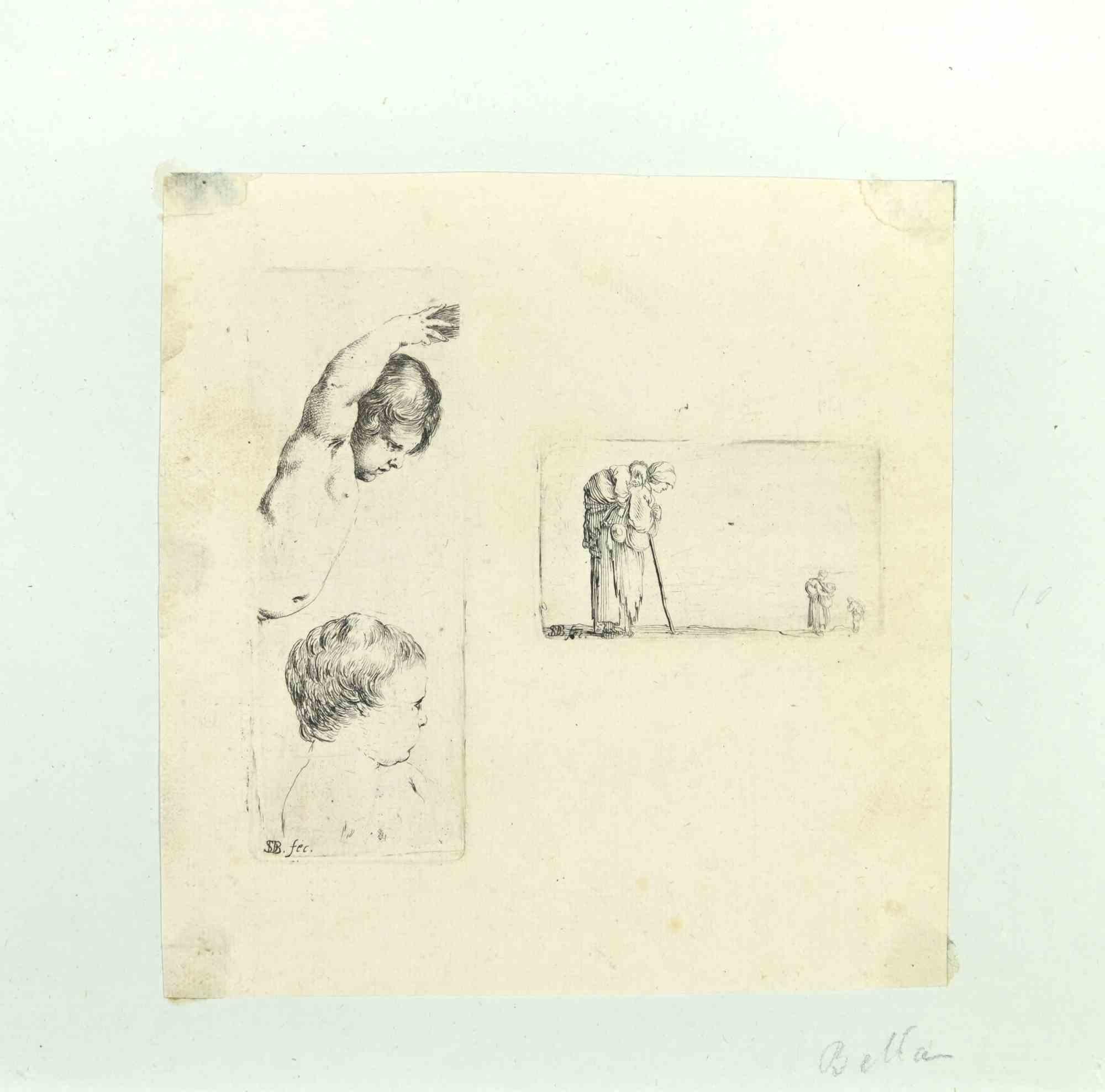 This pair of etchings, executed on a single sheet, was realized by Stefano Della Bella in 17th century.
 
Both etchings are signed with initials “SDB fec.”
 
The state of preservation is good. The etching (14,5x14 cm) is glued on the four corners