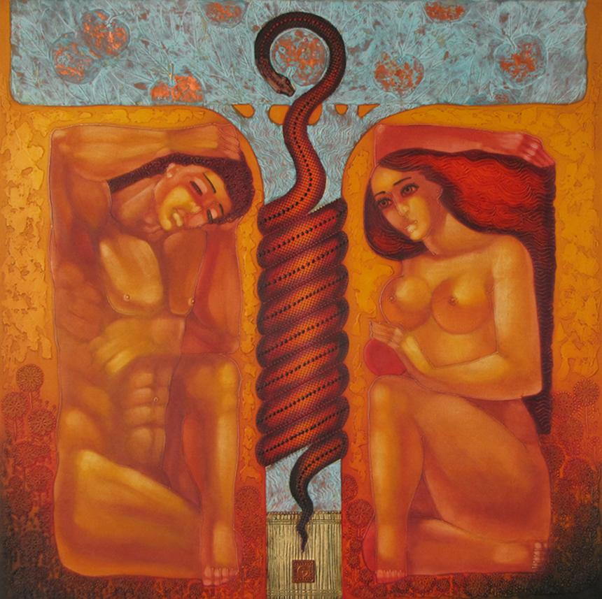 Stefano Georges Figurative Painting – Evicted - Gemälde Blattgold Blau Grau Schwarz Orange Rot