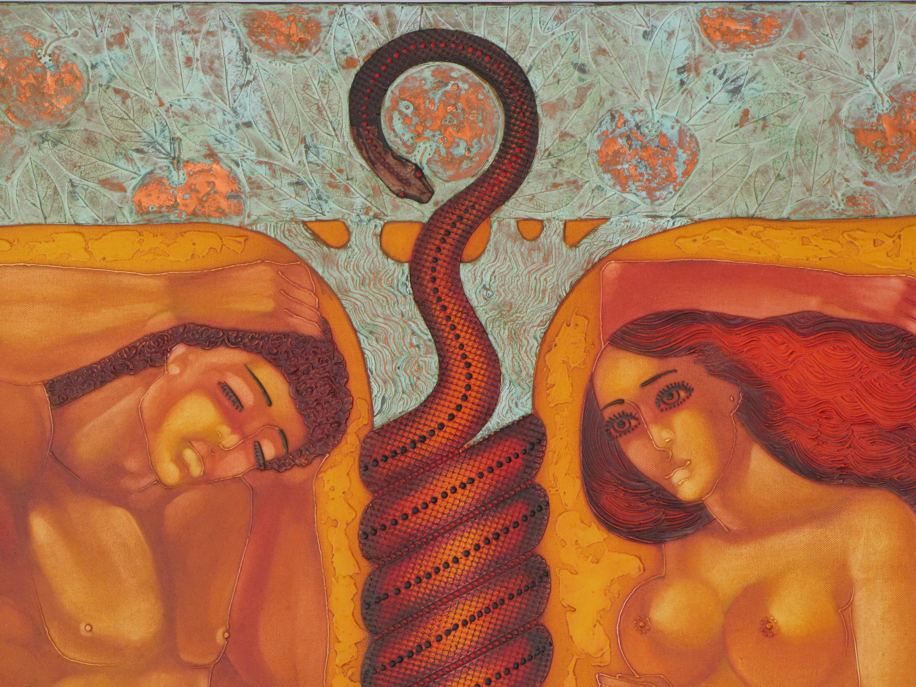 First Sin - Figurative Painting Gold Leaf Blue Yellow Orange Grey Brown For Sale 1