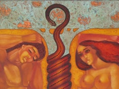 First Sinned - Peinture figurative Feuille d'or Bleu Jaune Orange Gris Brown