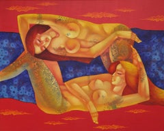 Automne doré - Peinture figurative Feuille d'or Bleu Jaune Orange Gris Brown
