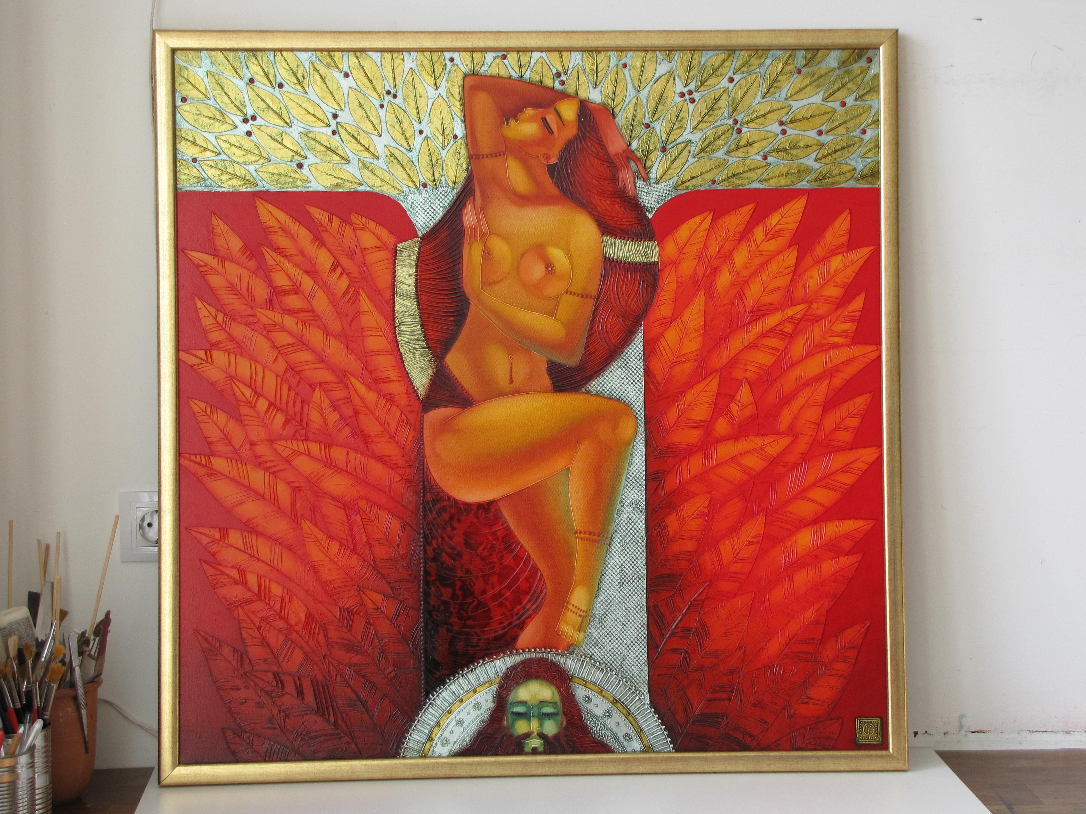 Salome's Dance - Figurative Painting Gold Leaf Blue Yellow Orange Grey Brown For Sale 1
