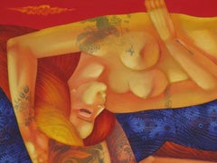 Seven heavens - Figurative Painting Gold Leaf Blue Yellow Orange Grey Brown