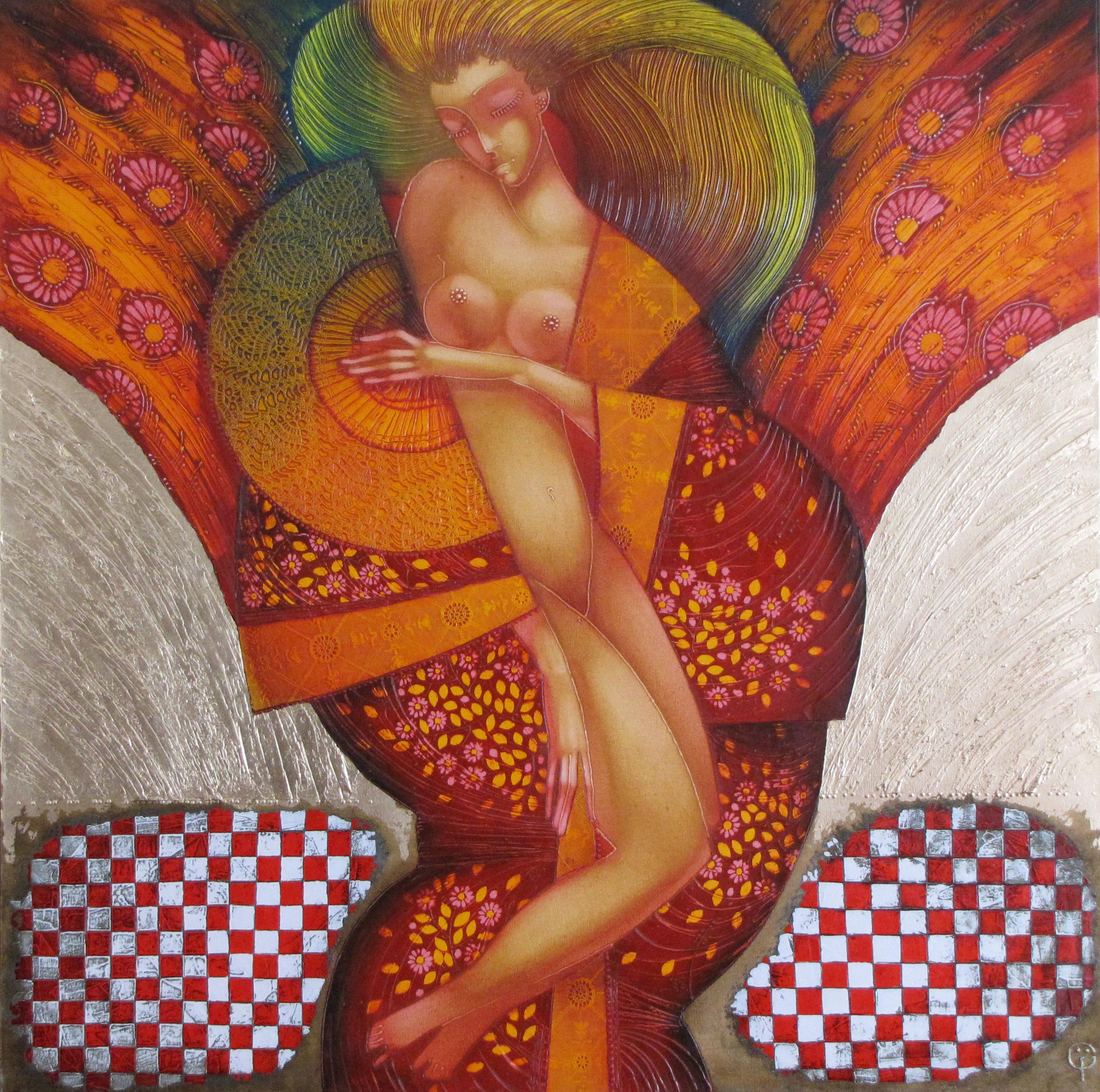 Figurative Painting de Stefano Georges - Fantasía -  Una pintura figurativa de desnudo Hoja de oro Azul Gris Marrón Rojo