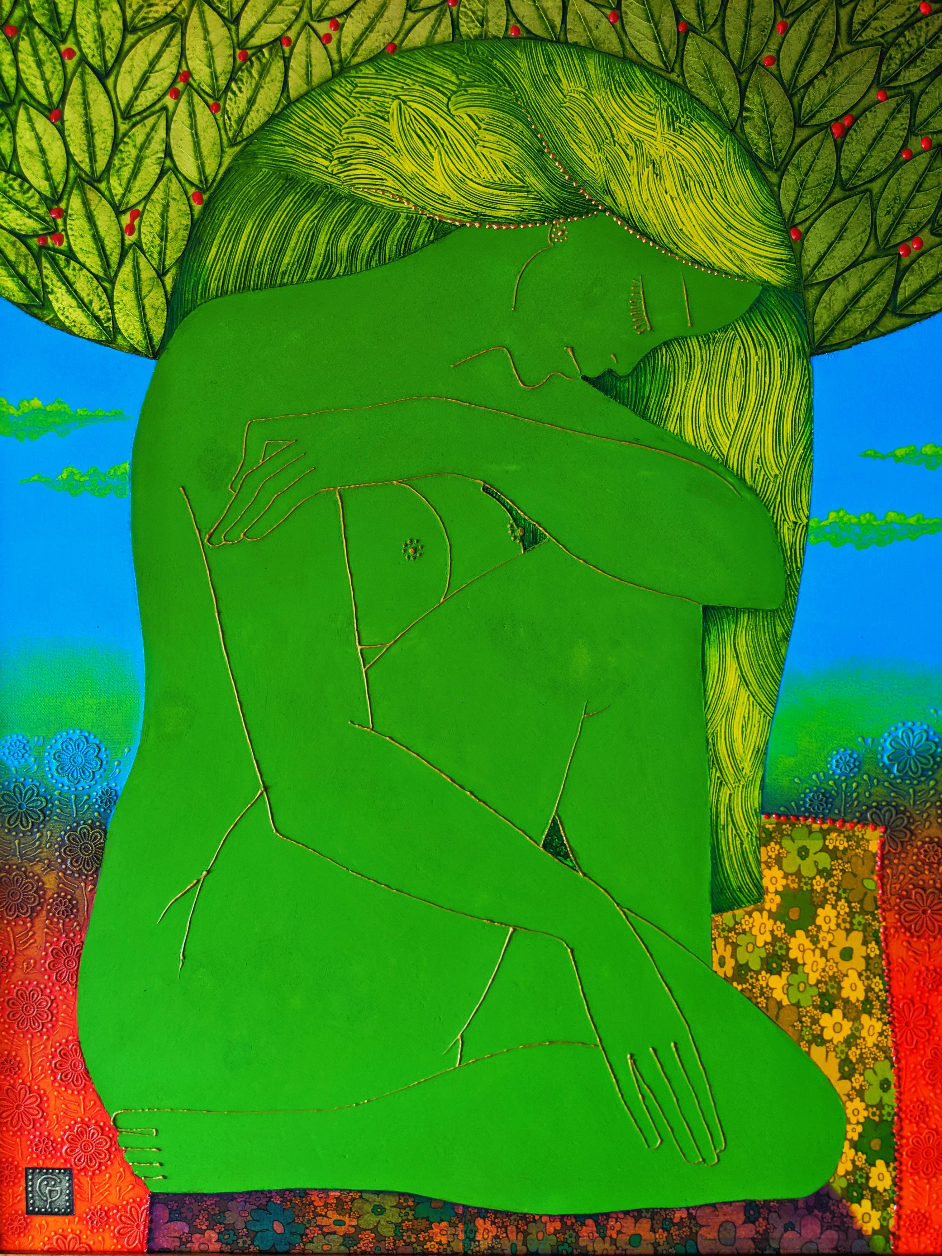 Stefano Georges Nude Painting – Frühling - Ein figuratives Aktgemälde Blattgold Blau Grau Braun Rot