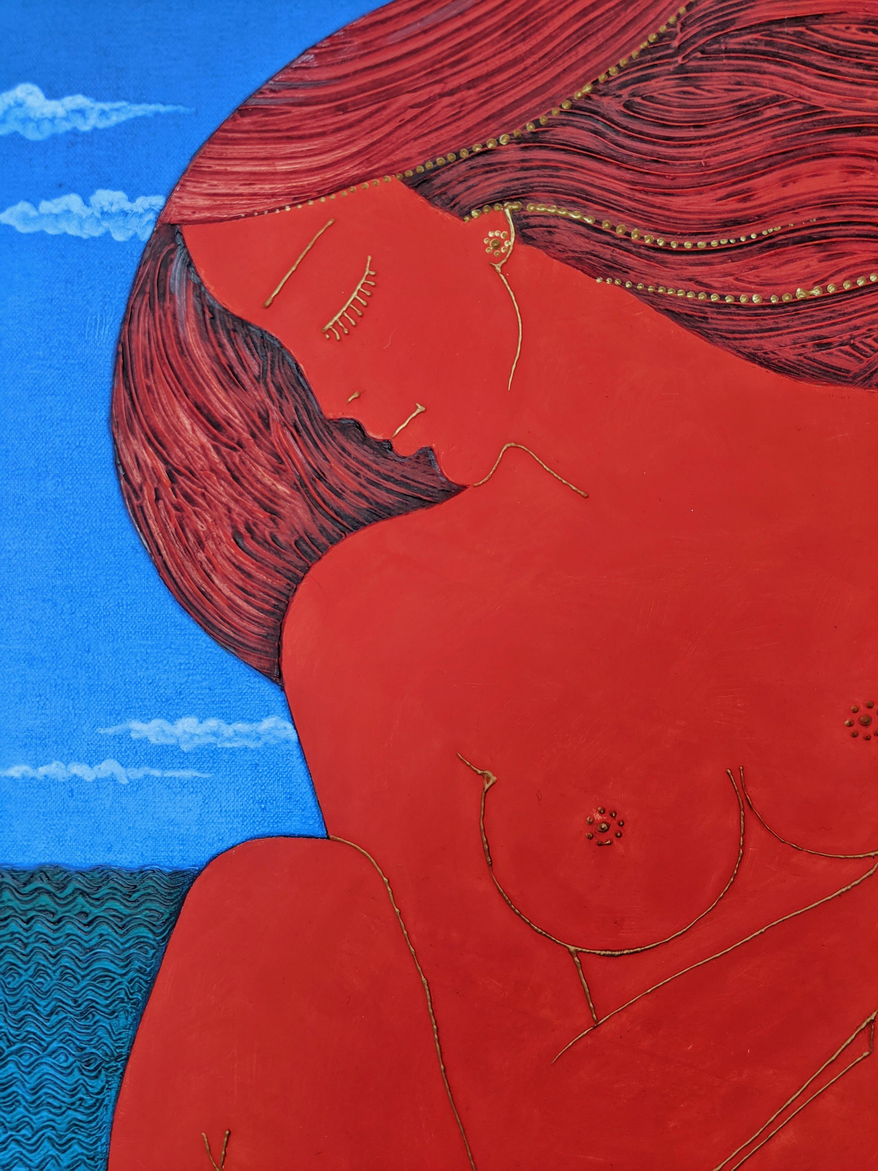 Sommer - Ein figuratives Aktgemälde Blattgold Blau Grau Braun Rot – Painting von Stefano Georges