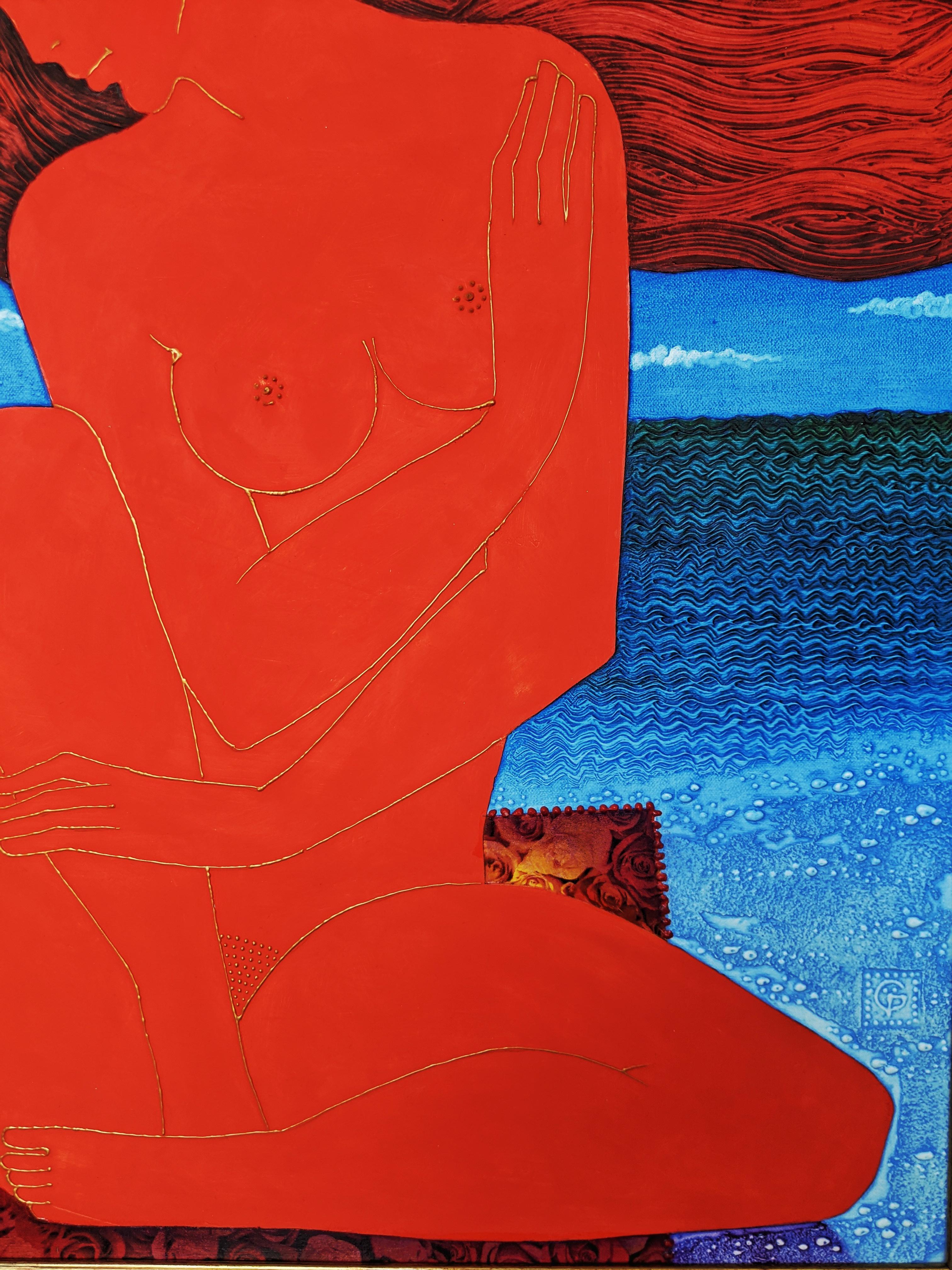 Sommer - Ein figuratives Aktgemälde Blattgold Blau Grau Braun Rot (Moderne), Painting, von Stefano Georges
