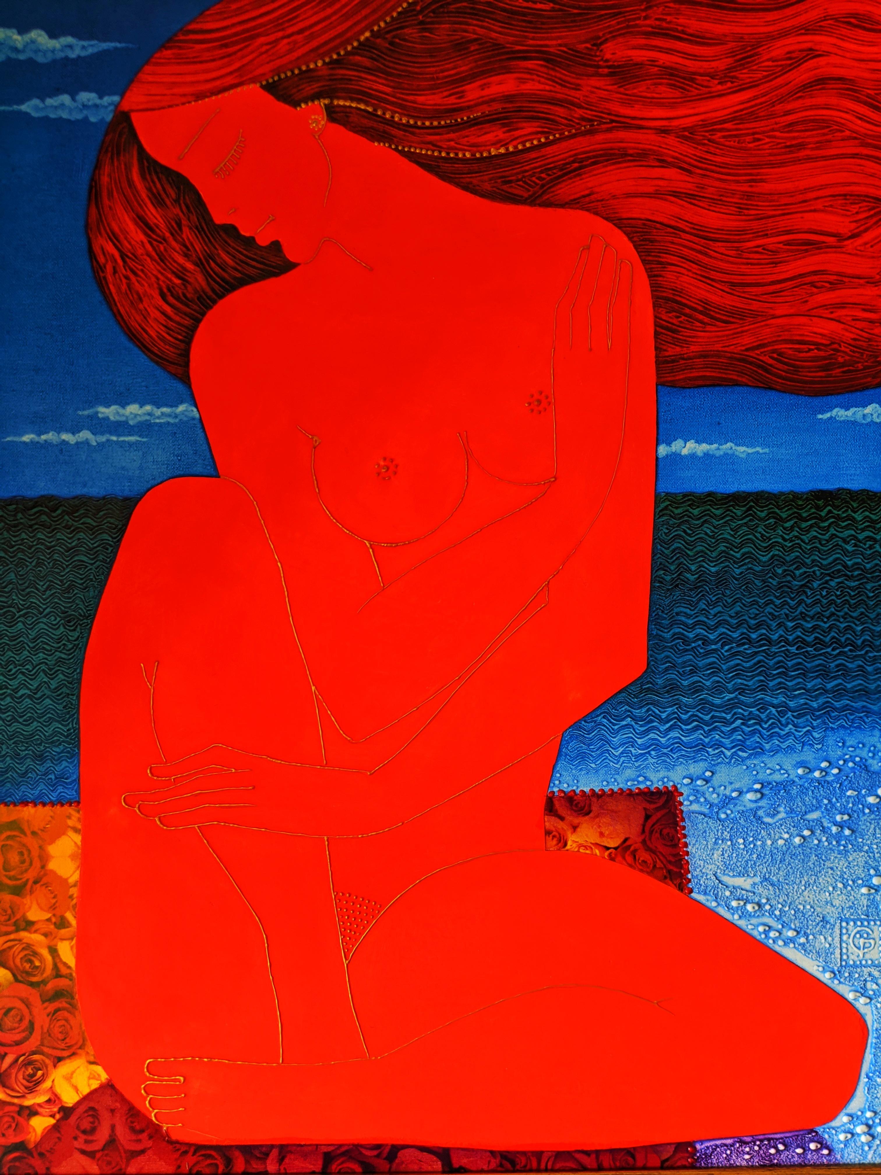 Stefano Georges Nude Painting – Sommer - Ein figuratives Aktgemälde Blattgold Blau Grau Braun Rot