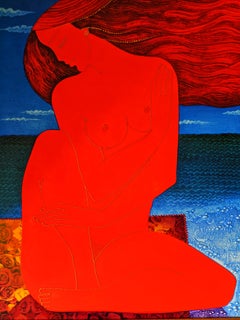 Sommer - Ein figuratives Aktgemälde Blattgold Blau Grau Braun Rot