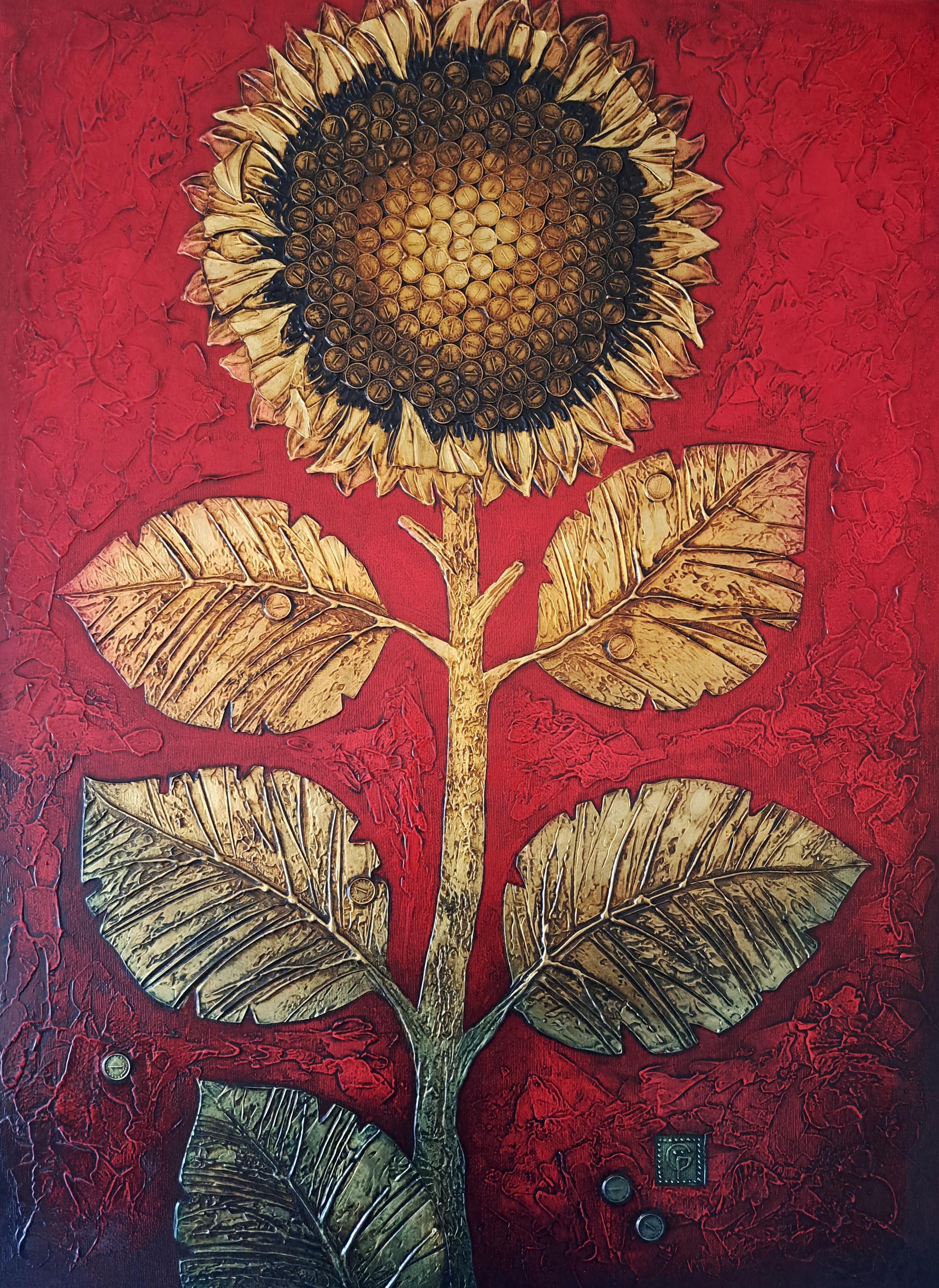 The Golden Flower - Stillleben Gemälde Blattgold Blau Grau Brown