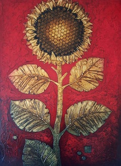 La Flor Dorada - Pintura Bodegón Hoja de Oro Azul Gris Marrón