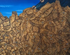 The Good Chance - Peinture figurative Feuille d'or Bleu Gris Brown