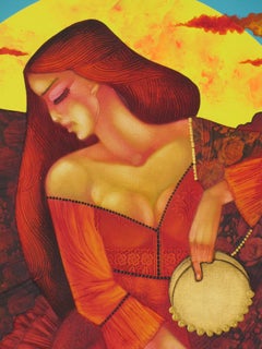 The Red Night - Figurative Style Painting Colors Red Blue Gold Brown Black White