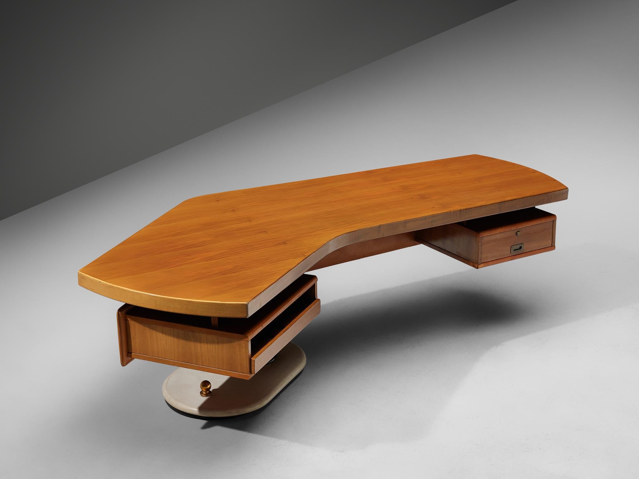 Stefano Mastuzzi, freestanding desk 'Zero', walnut, metal and marble, Italy, 1971-1972

This large, freestanding table with remarkable design was manufactured by Stefano Mastuzzi in 1972. The boomerang shaped tabletop is held by one pedestal leg on