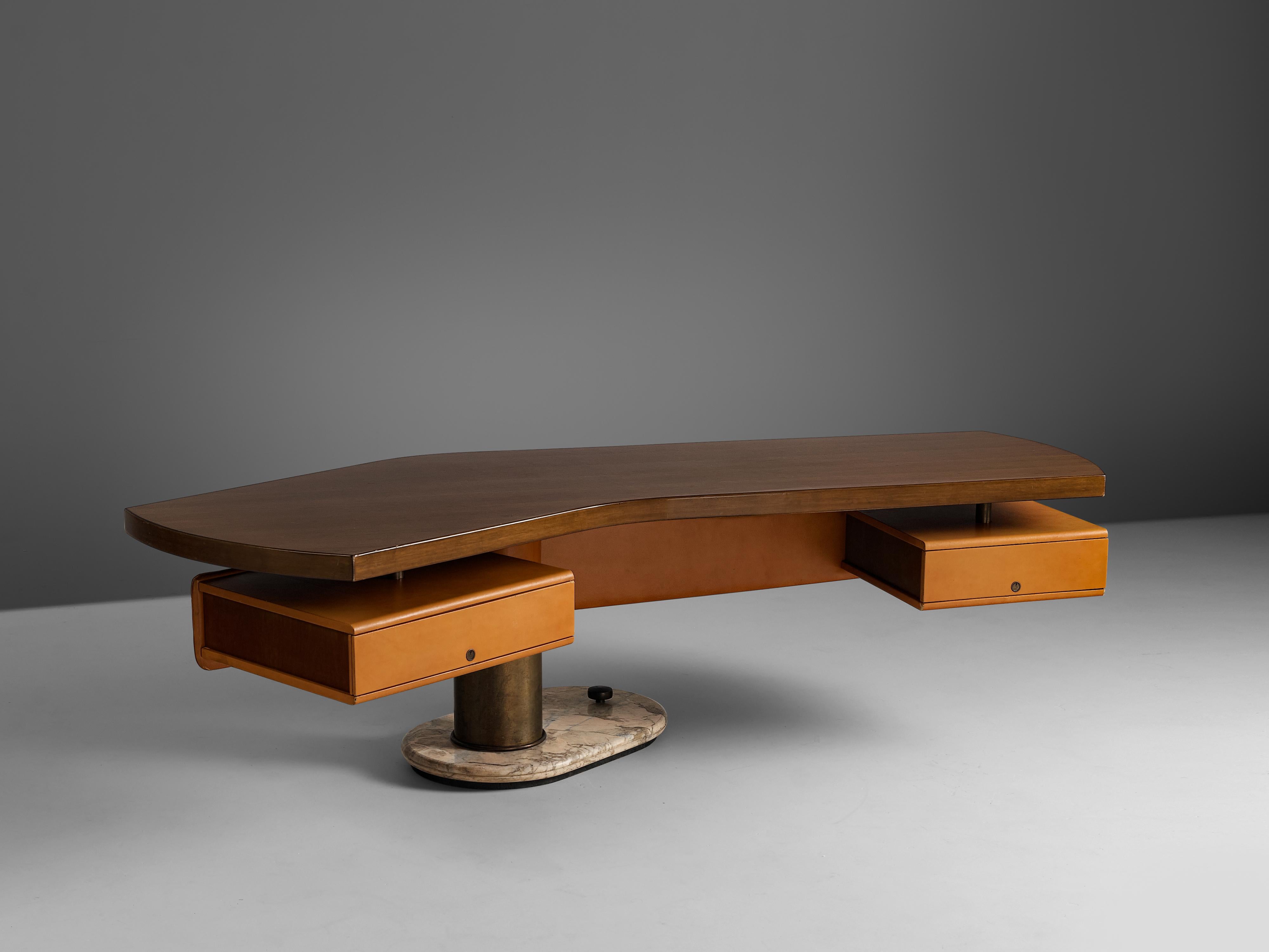 Stefano Mastuzzi, freestanding desk 'Zero', walnut, metal and marble, Italy, 1971-1972

This large, freestanding table with remarkable design was manufactured by Stefano Mastuzzi in 1972. The boomerang shaped tabletop is held by one pedestal leg