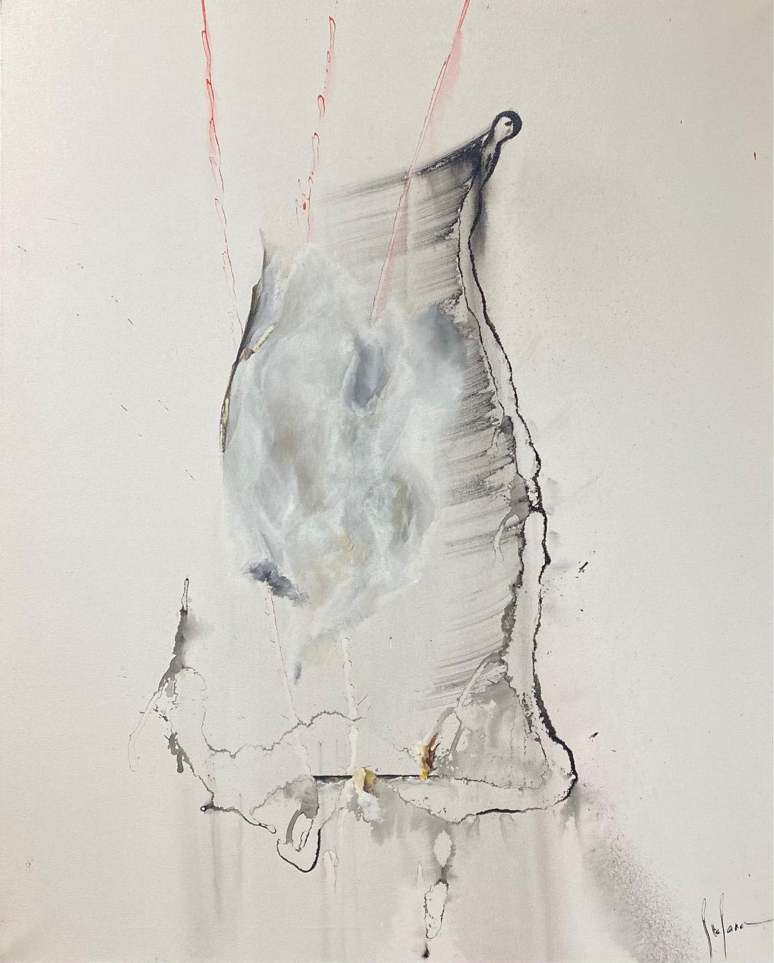 Stefano is a contemporary painter from Geneva who plays with the abstract and a suggested figurative. This piece represents for the artist "what we see under women's skirts". It was painted in 2019 and was part of a series of three pieces, the other