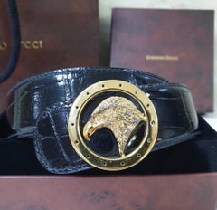 Stefano Ricci black round golden tone eagle buckle belt