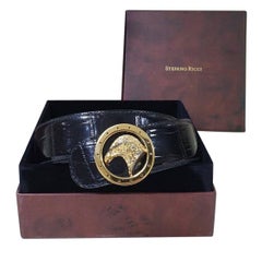 Stefano Ricci black round golden tone eagle buckle belt