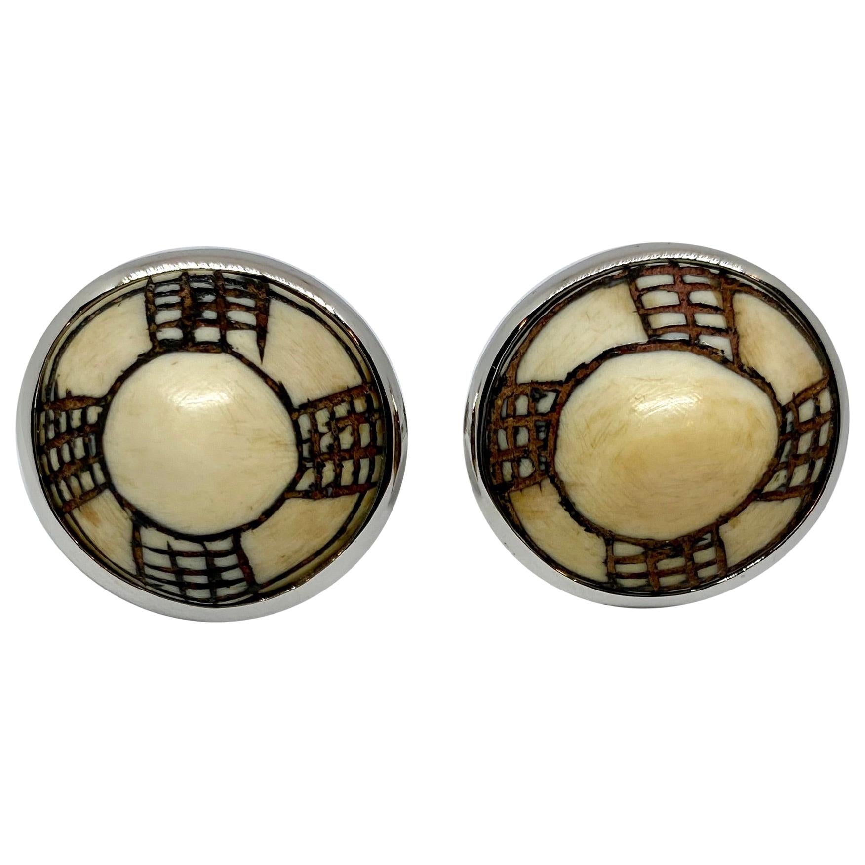 Stefano Ricci Cufflinks in 18 Karat White Gold and Carved Bone For Sale