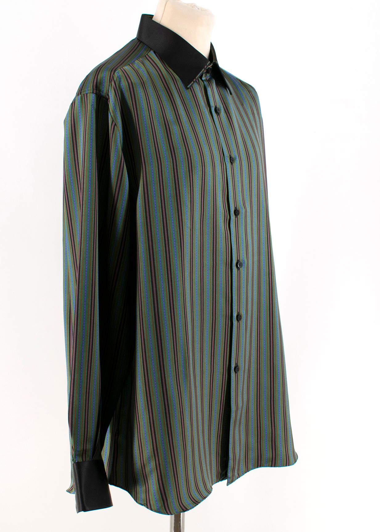 Stefano Ricci Green Multi Striped Silk Shirt 

- Green and Multi Colored Striped Shirt 
- 100% Silk 
- Black stiff point collar and sleeves 
- Black buttoned down center front and sleeves 

Please note, these items are pre-owned and may show some
