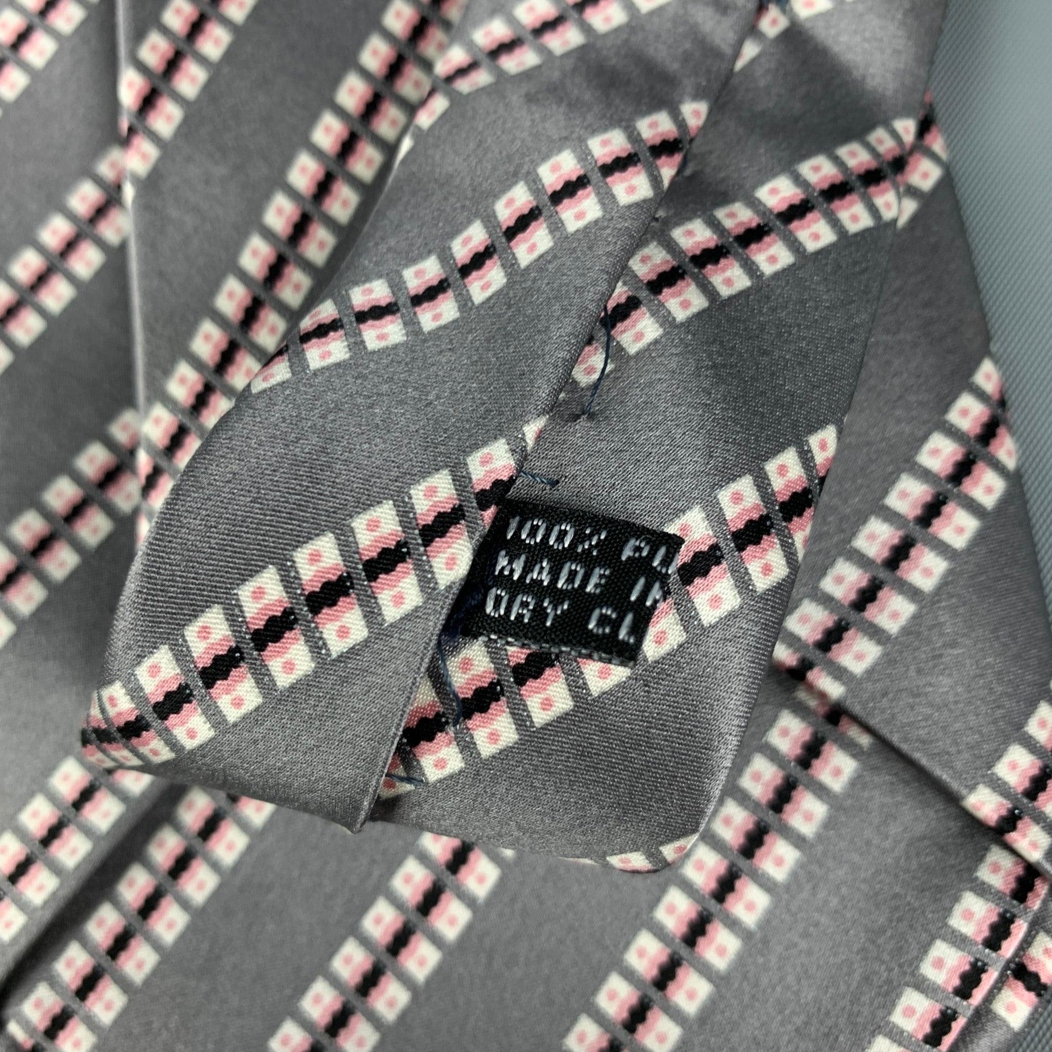 STEFANO RICCI Grey White Pink Squares Silk Satin Tie In Good Condition For Sale In San Francisco, CA