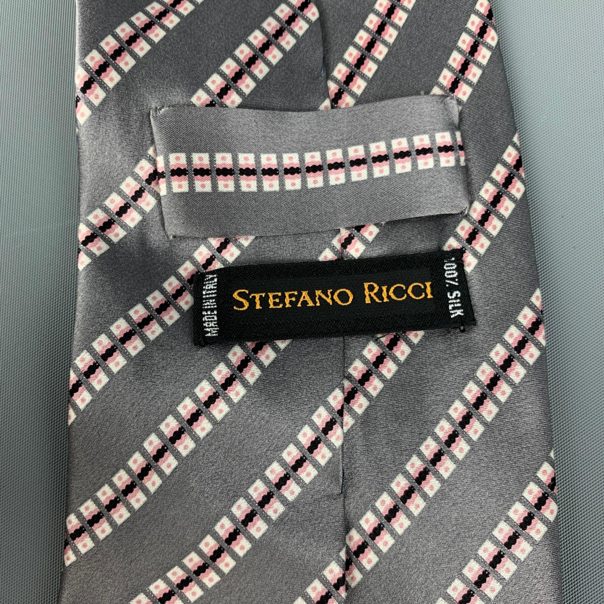 Men's STEFANO RICCI Grey White Pink Squares Silk Satin Tie For Sale