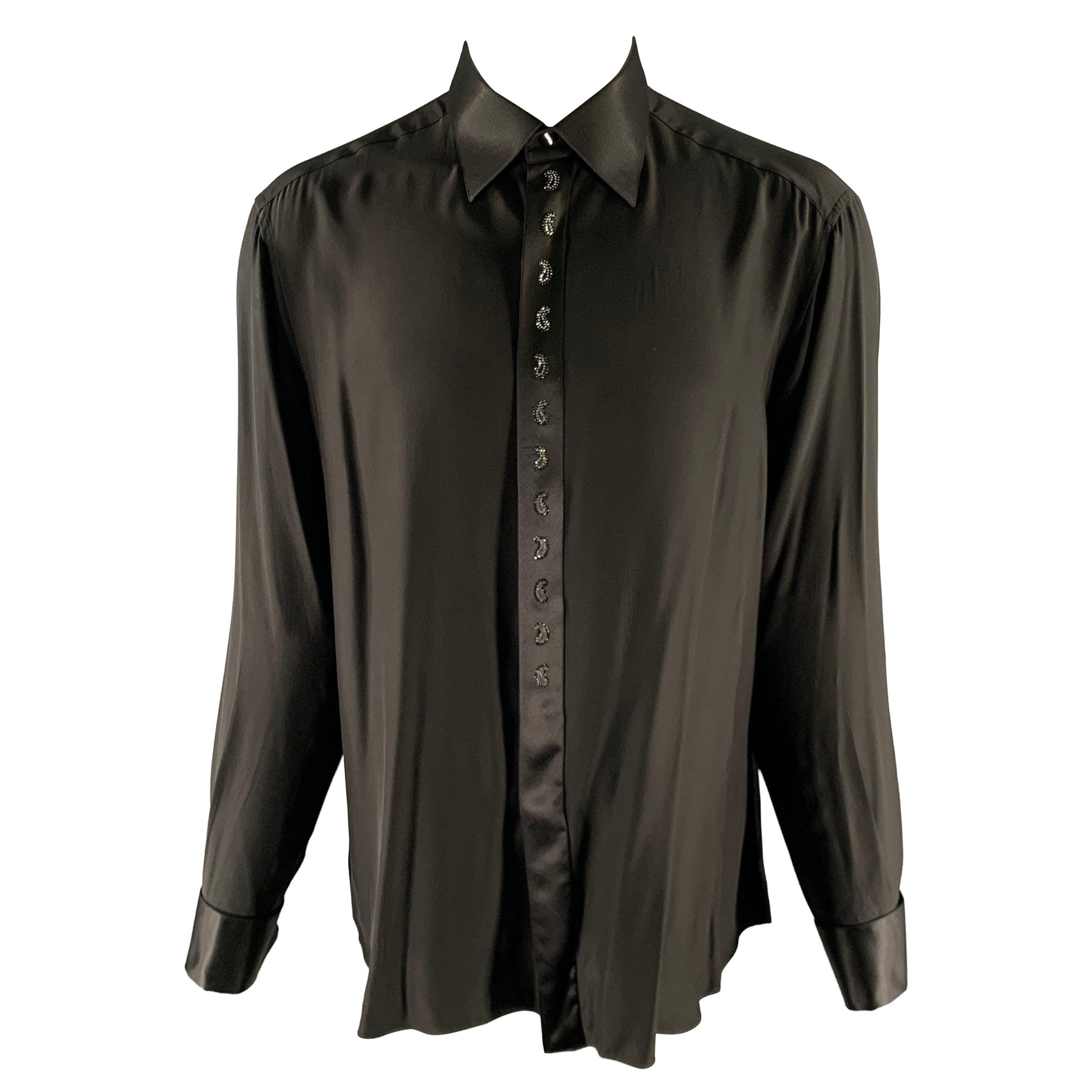 STEFANO RICCI Size XL Black Silk Hidden Placket Long Sleeve Shirt For Sale