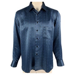 STEFANO RICCI Size XL Charcoal Blue Abstract Silk Long Sleeve Shirt