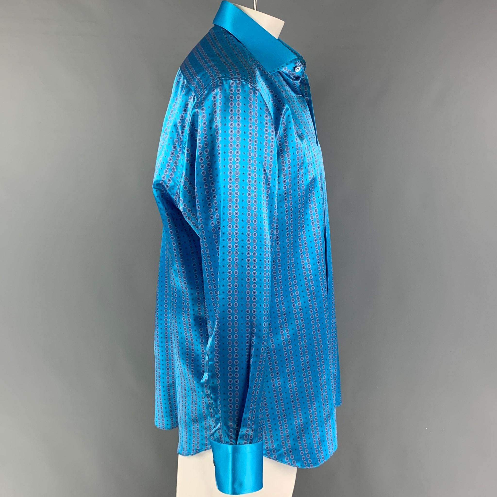 STEFANO RICCI long sleeve shirt comes in a turquoise & light grey dot print silk featuring a spread collar and a button up closure. Made in Italy. 

Excellent Pre-Owned Condition.
Marked: XL
Original Retail Price: $1,400.00

Measurements:

Shoulder: