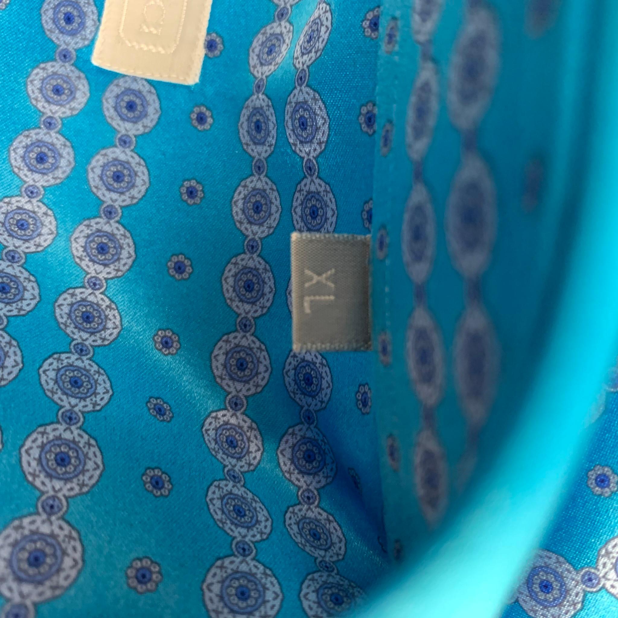 Men's STEFANO RICCI Size XL Turquoise Light Grey Dots Silk Long Sleeve Shirt