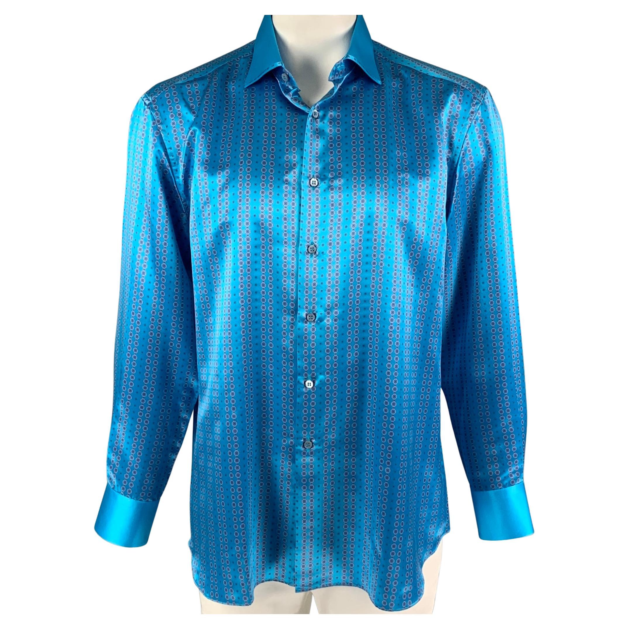 STEFANO RICCI Size XL Turquoise Light Grey Dots Silk Long Sleeve Shirt