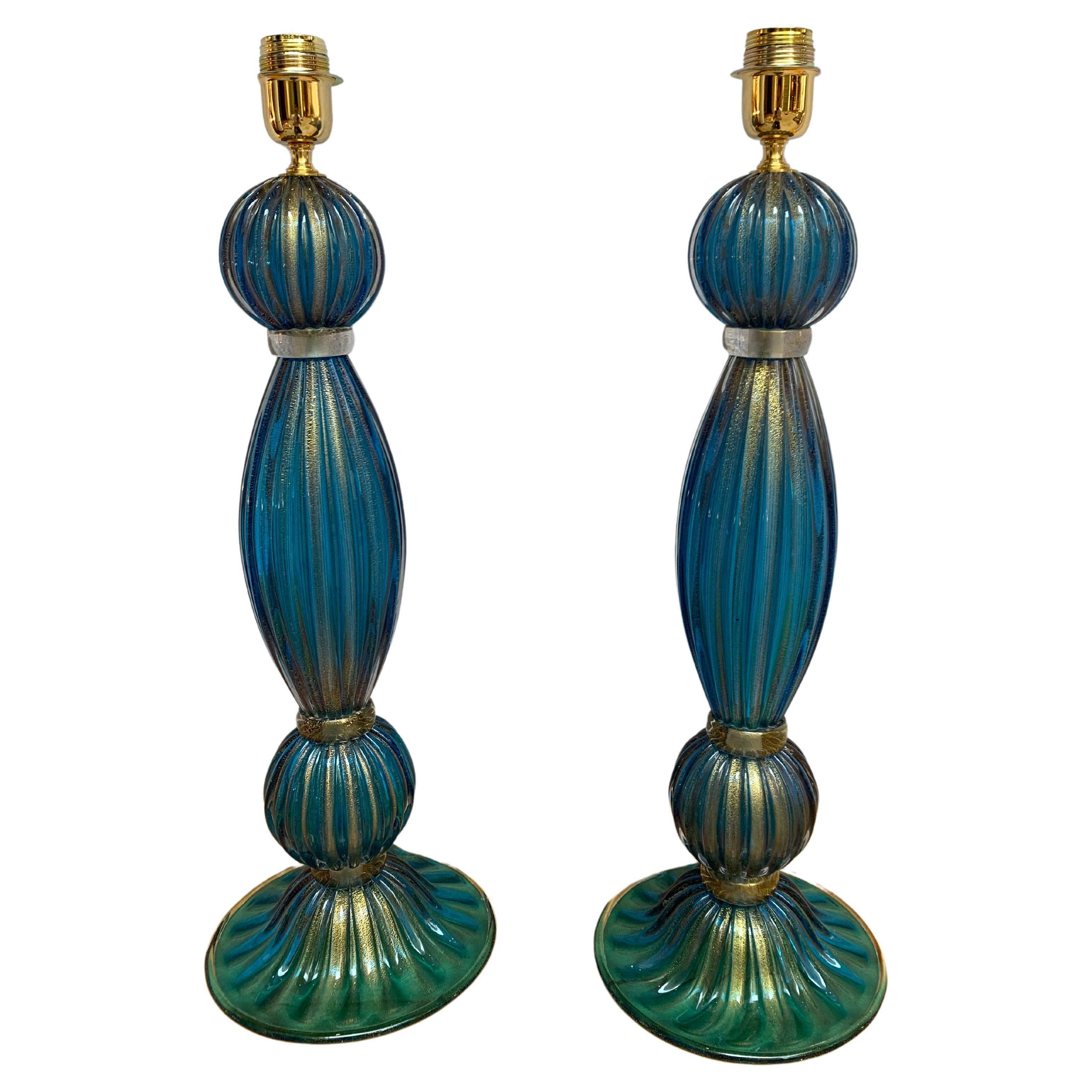 Stefano Toso, Pair of Blue Murano Table Lamps, 1980
