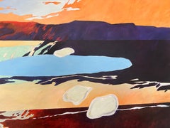 Grande peinture abstraite contemporaine de paysage figuratif avec montagnes